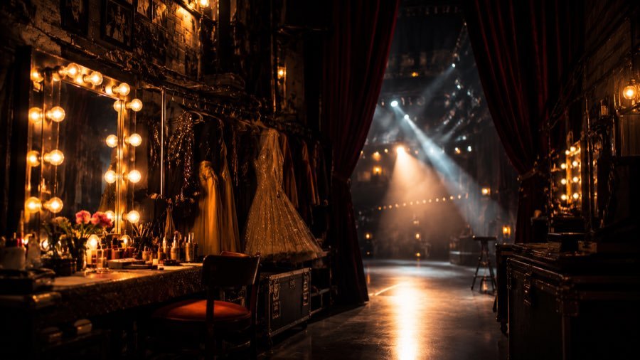 Backstage dressing room with lit mirrors before a performance