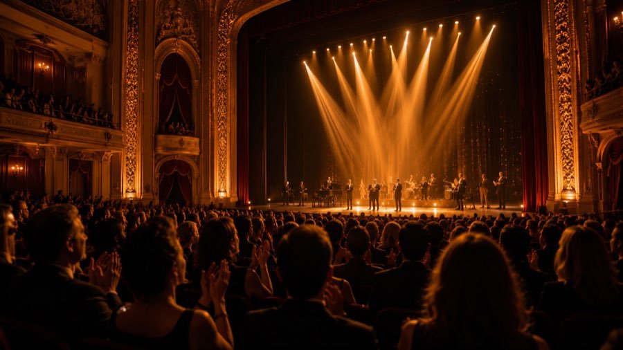 Performers on stage under golden spotlights at a gala performance