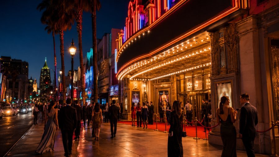 Neon theater marquees glowing over Hollywood Boulevard at night
